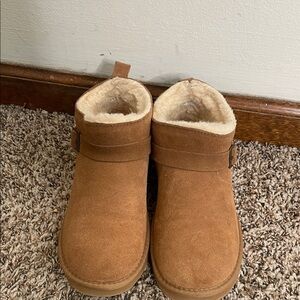 BearPaw Chestnut Suede-Look Ankle Booties with Cream Shearling Trim